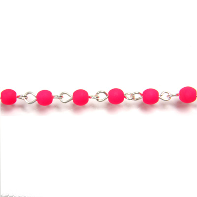Linked Bead Chain Rosary Style with Glass Pressed Bead - Round 4MM MATTE NEON PINK-SILVER