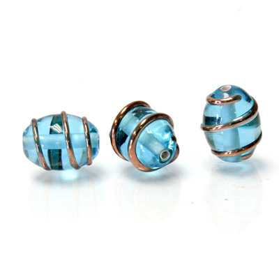 Czech Glass Lampwork Bead - Oval 14x10MM COPPER WRAP AQUA