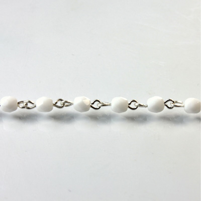 Linked Bead Chain Rosary Style with Glass Fire Polish Bead - Round 4MM CHALKWHITE-SILVER