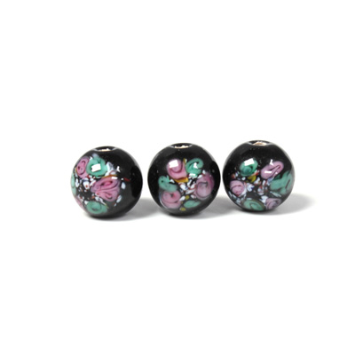 Czech Glass Lampwork Bead - Smooth Round 10MM Flower ON BLACK  (40361)