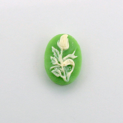 Plastic Cameo - Flower, Rose Oval 18x13MM IVORY ON GREEN