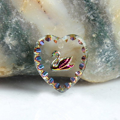 German Glass Engraved Buff Top Intaglio Pendant - SWAN Heart 15x14MM CRYSTAL HELIO RED