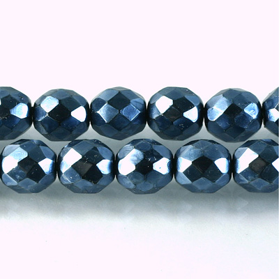Czech Glass Pearl Faceted Fire Polish Bead - Round 10MM DK BLUE ON BLACK 72154