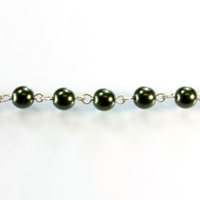 Linked Bead Chain Rosary Style with Glass Pearl Bead - Round 6MM HUNTER GREEN-SILVER