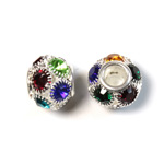 Rhinestone Bead with Large Hole Silver Plated Center - Round 14MM DARK MULTI SILVER