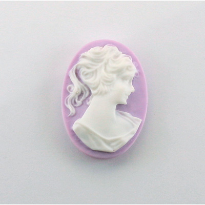 Plastic Cameo - Woman with Ponytail Oval 25x18MM WHITE ON LILAC