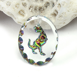 German Glass Engraved Buff Top Intaglio Pendant - DINOSAUR Oval 18x13MM CRYSTAL HELIO RED