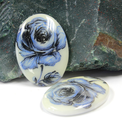 German Glass Porcelain Decal Painting - Blue Rose Oval 25x18MM CHALKWHITE BASE