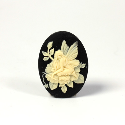 Plastic Cameo - Fairy on Flower Oval 25x18MM IVORY ON BLACK