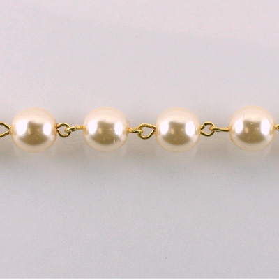 Linked Bead Chain Rosary Style with Glass Pearl Bead - Round 8MM CREME-GOLD