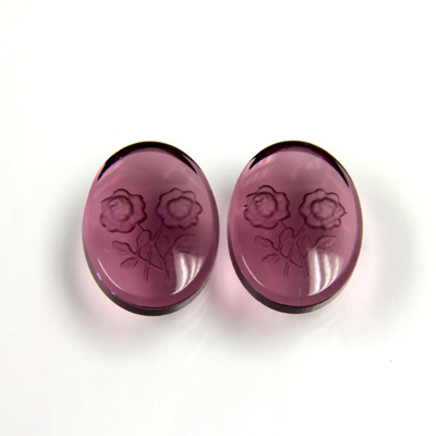 German Glass Flat Back Reverse Carved Intaglio Back 2 Rose Oval 18x13MM AMETHYST