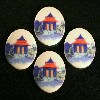 German Plastic Porcelain Decal Painting - Pagoda Oval 40x30MM ON IVORY BASE