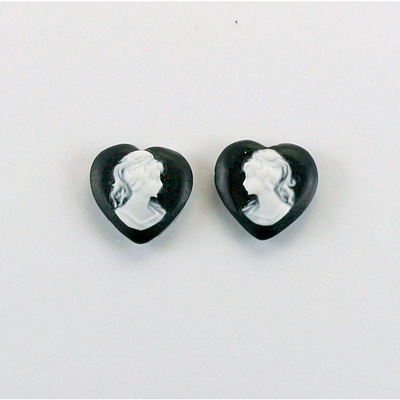 Plastic Cameo - Woman with Ponytail Heart 11x10MM WHITE ON BLACK