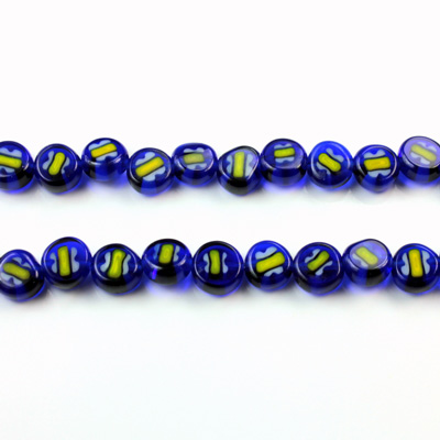 Glass Millefiori Bead - Flat Round 06x3MM BLUE WHITE YELLOW (36)