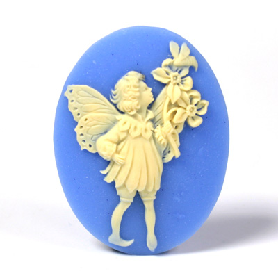 Plastic Cameo - Fairy with Bouquet Oval 40x30MM IVORY ON BLUE