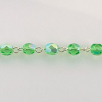 Linked Bead Chain Rosary Style with Glass Fire Polish Bead - Round 6MM PERIDOT AB-SILVER