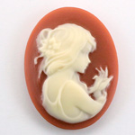 Plastic Cameo - Girl with Flower in Hair Oval 40x30MM IVORY ON DK BROWN