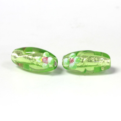 Czech Glass Lampwork Bead - Oval 18x8MM Flower ON OLIVE with SILVER FOIL