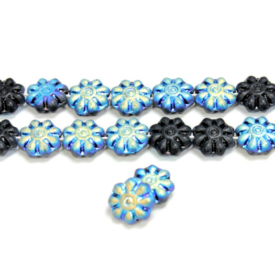 Czech Pressed Glass Engraved Bead - Flower 09MM MATTE JET AB