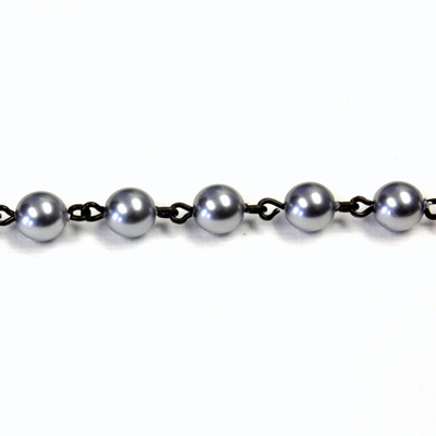 Linked Bead Chain Rosary Style with Glass Pearl Bead - Round 6MM GREY-JET