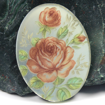 German Glass Porcelain Decal Painting - Pink Rose Oval 40x30MM MATTE CRYSTAL MIRROR BASE