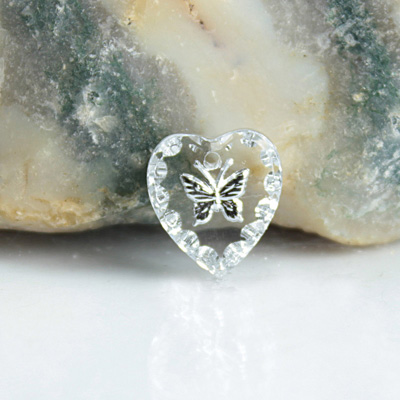 German Glass Engraved Buff Top Intaglio Pendant - BUTTERFLY Heart 12x11MM CRYSTAL SILVER