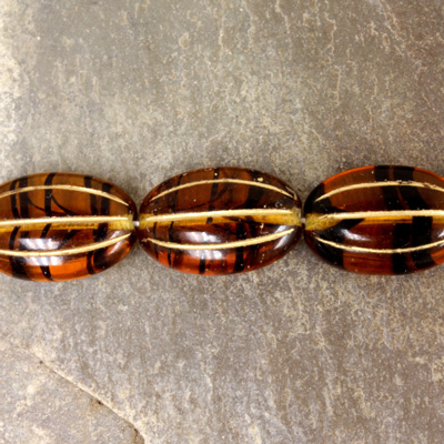 Czech Pressed Glass Bead - Ribbed Melon Oval 17x11MM GOLD on TORTOISE