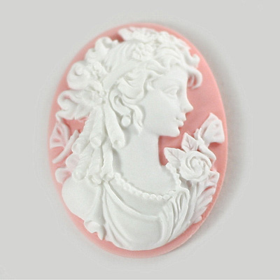 Plastic Cameo - Lady Oval 40x30MM WHITE ON PINK