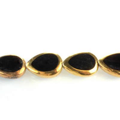 Glass Fire Polished Table Cut Window Bead - Pear 18x12MM JET with METALLIC COATING