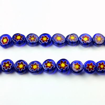 Glass Millefiori Bead - Flat Round 06x3MM BLUE WHITE RED YELLOW (15)