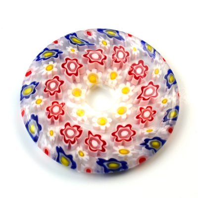 Glass Millefiori Bead - Round Donut 40MM CLEAR BLUE WHITE RED (05)