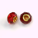 Glass Faceted Bead with Large Hole Gold Plated Center - Round 14x9MM SIAM RUBY