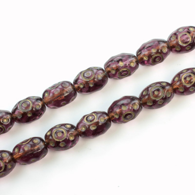 Czech Pressed Glass Engraved Bead - Oval 09x7MM GOLD ON AMETHYST