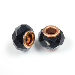 Glass Faceted Bead with Large Hole Copper Plated Center - Round 14x9MM JET