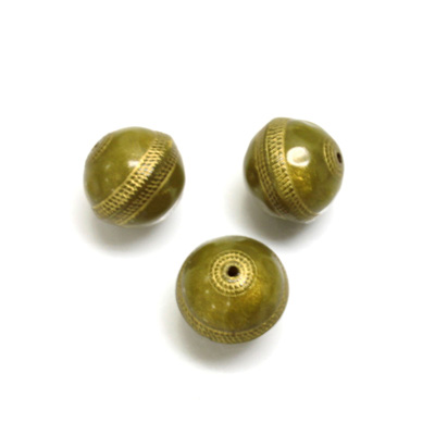 Plastic Engraved Bead -  Gold Tapestry Round 12MM OLIVE