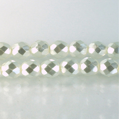 Czech Glass Pearl Faceted Fire Polish Bead - Round 08MM WHITE ON CRYSTAL 78402