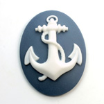 Plastic Cameo - Anchor Oval 40x30MM WHITE ON NAVY BLUE