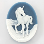 Plastic Cameo - Unicorn Oval 40x30MM WHITE ON ROYAL BLUE