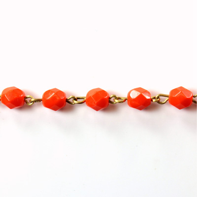 Linked Bead Chain Rosary Style with Glass Fire Polish Bead - Round 6MM ORANGE-Brass