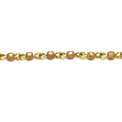 Linked Bead Chain Rosary Style with Glass Fire Polish Bead - Round 3MM MATTE GOLD-Brass