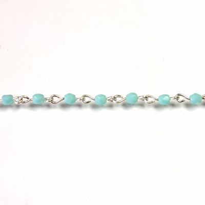 Linked Bead Chain Rosary Style with Glass Fire Polish Bead - Round 3MM TURQUOISE-SILVER