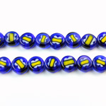 Glass Millefiori Bead - Flat Round 08x4MM BLUE WHITE YELLOW (36)