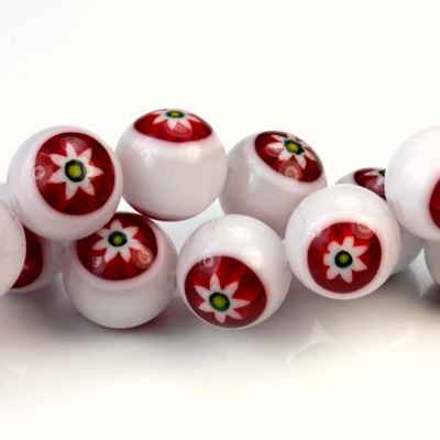 Glass Millefiori Bead - Round 12MM WHITE RED YELLOW (16)