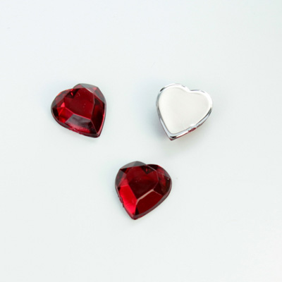 Plastic Flat Back Foiled Rose Cut Rhinestone - Heart 11x10MM RUBY