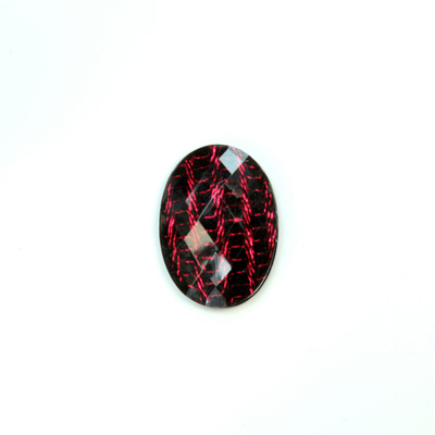 Plastic Flat Back Striped Rauten Rose - Oval 18x13MM DYED RED on BLACK