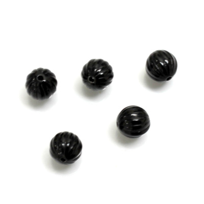 Plastic Engraved  Bead - Pumpkin Round 8MM JET