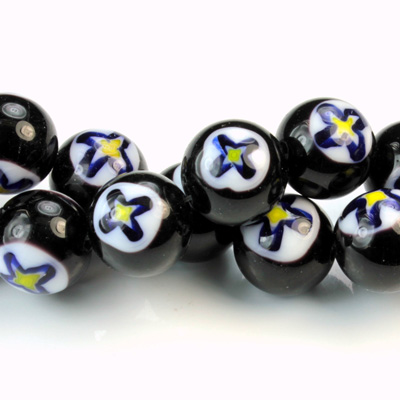 Glass Millefiori Bead - Round 12MM BLACK WHITE BLUE (32)