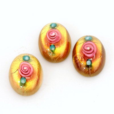 Glass Medium Dome Lampwork Cabochon - Oval 18x13MM PINK ON TOPAZ (00585)