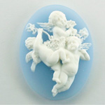 Plastic Cameo - 3 Cherubs Oval 40x30MM WHITE ON BLUE