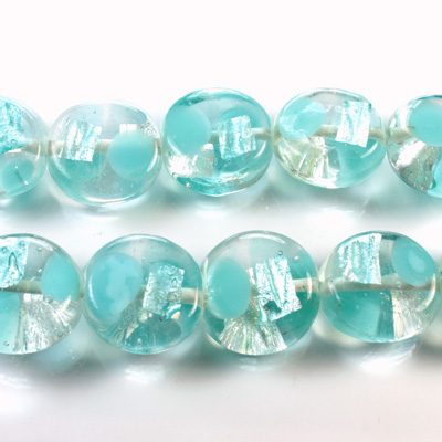 Glass Lampwork Bead - Round Disc 17MM CRYSTAL FOIL AQUA